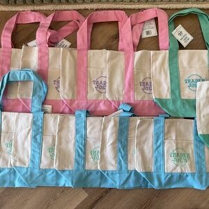 NWT Trader Joes Mini Pastel Canvas Tote Bags 3 Spring Colors Lot Of 11 Pc